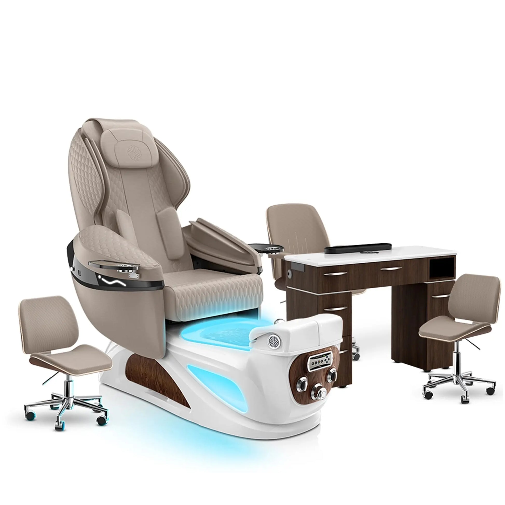 Claystone-White Pearl-Dark Walnut Lexor Liberté Pedicure Chair and Nail Table Set