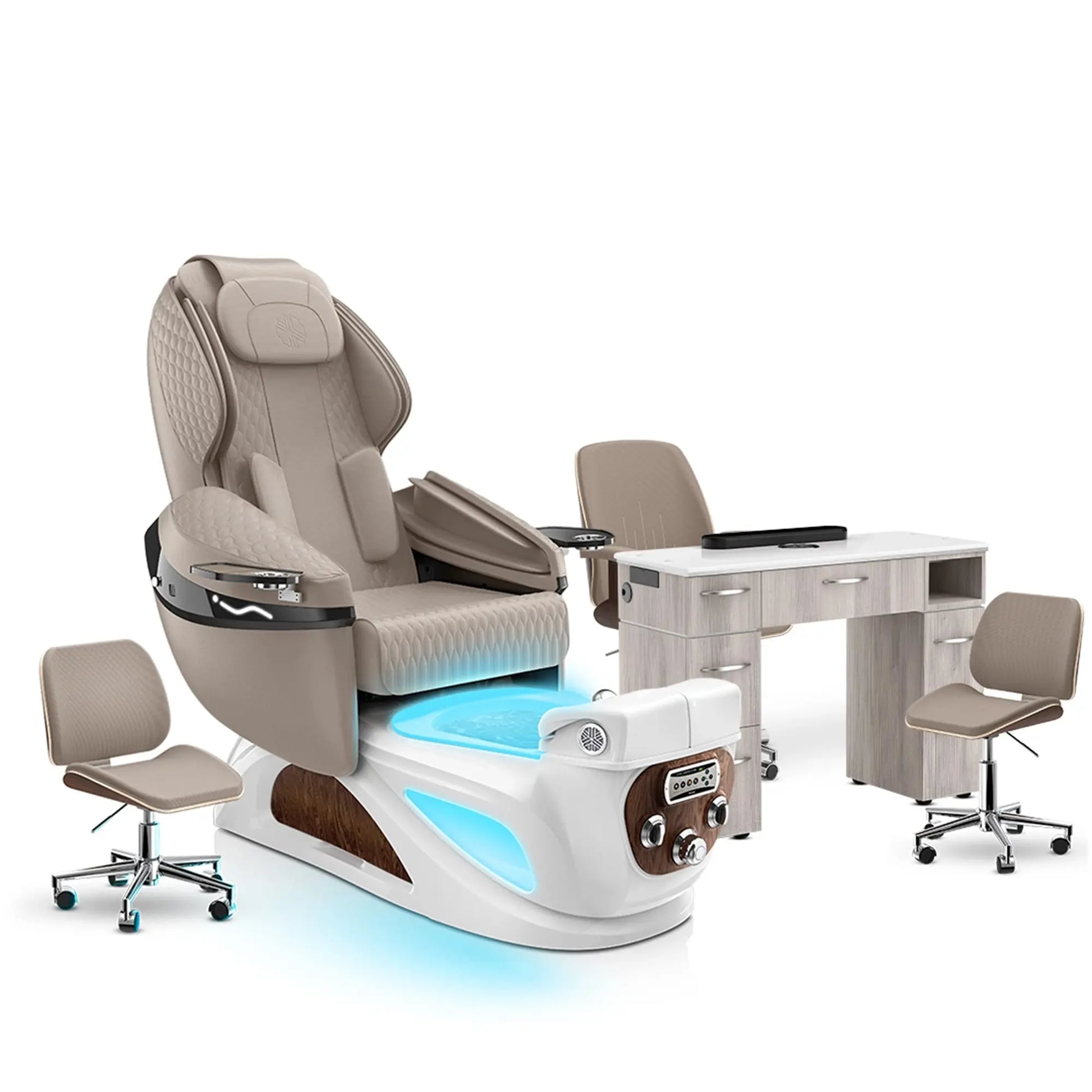 Claystone-White Pearl-Hazel Lexor Liberté Pedicure Chair and Nail Table Set