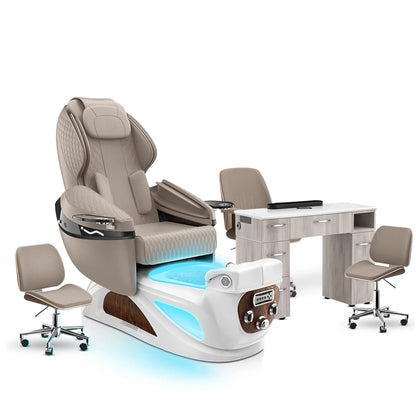 Claystone-White Pearl-Hazel Lexor Liberté Pedicure Chair and Nail Table Set