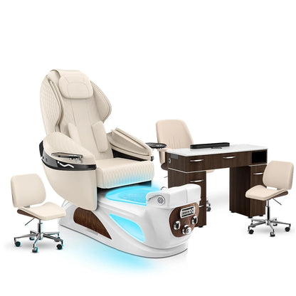 Ivory-White Pearl-Dark Walnut Lexor Liberté Pedicure Chair and Nail Table Set