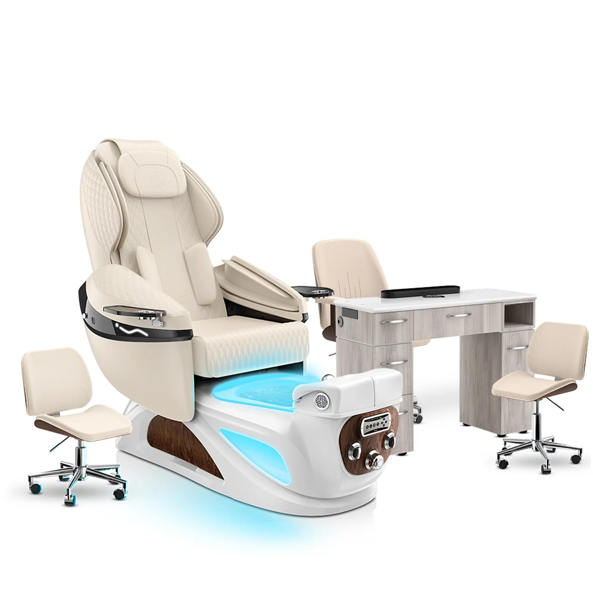 Ivory-White Pearl-Hazel Lexor Liberté Pedicure Chair and Nail Table Set