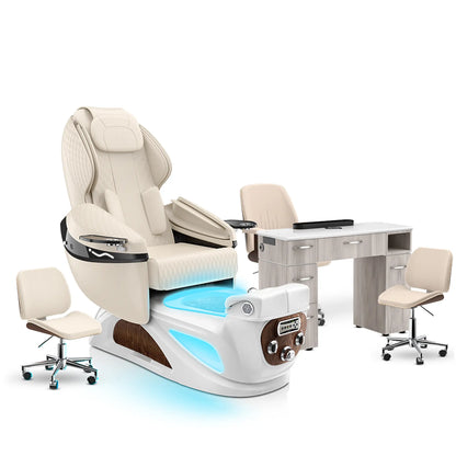 Ivory-White Pearl-Hazel Lexor Liberté Pedicure Chair and Nail Table Set