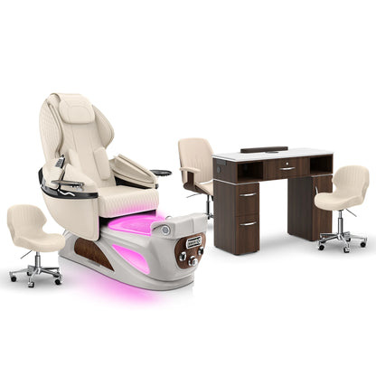 Ivory-Sandstone-Dark Walnut Lexor Liberté Pedicure Chair and Nail Table Set