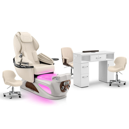 Ivory-White Pearl-White Lexor Liberté Pedicure Chair and Nail Table Set