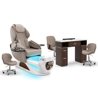 Claystone-White Pearl-Dark Walnut Lexor Liberté Pedicure Chair and Nail Table Set