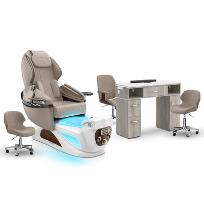 Claystone-White Pearl-Hazel Lexor Liberté Pedicure Chair and Nail Table Set