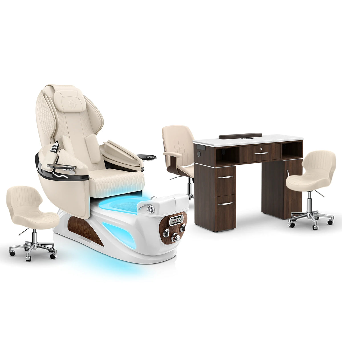 Ivory-White Pearl-Dark Walnut Lexor Liberté Pedicure Chair and Nail Table Set