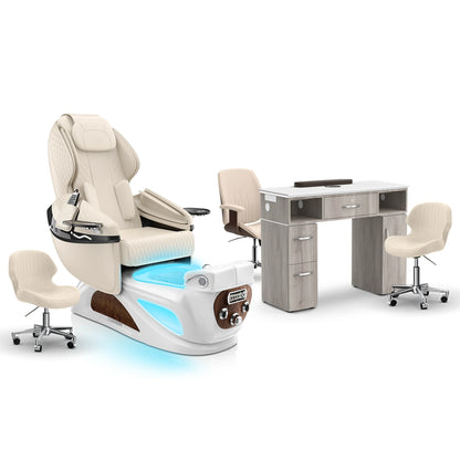 Ivory-White Pearl-Hazel Lexor Liberté Pedicure Chair and Nail Table Set