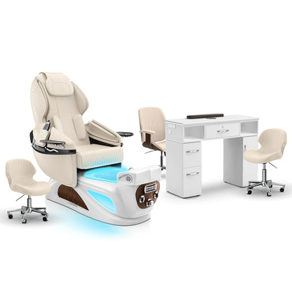 Ivory-White Pearl-White Lexor Liberté Pedicure Chair and Nail Table Set