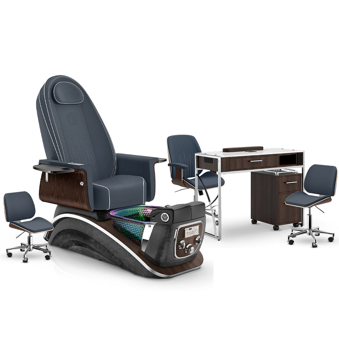 Midnight-Black Moonstone-Dark Walnut Lexor Mystique Pedicure Chair and Matching Nail Table Set