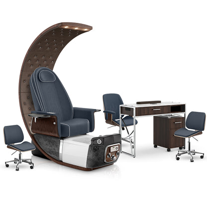 Midnight-Black Moonstone-Dark Walnut Lexor PRIVÉ Lounge Pedicure Chair and Matching PRIVÉ Nail Table Set