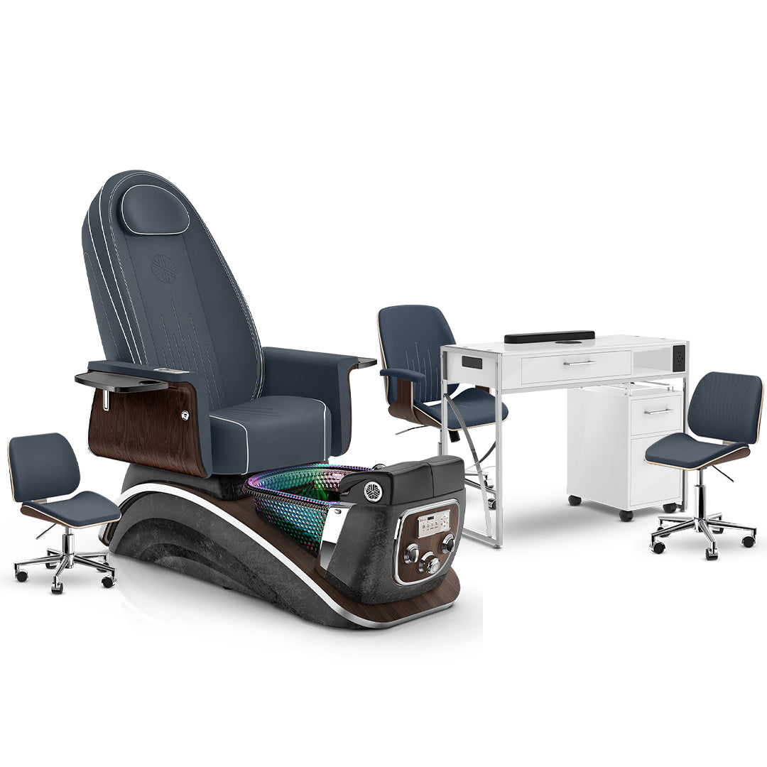 Midnight-Black Moonstone-White Lexor Mystique Pedicure Chair and Matching Nail Table Set