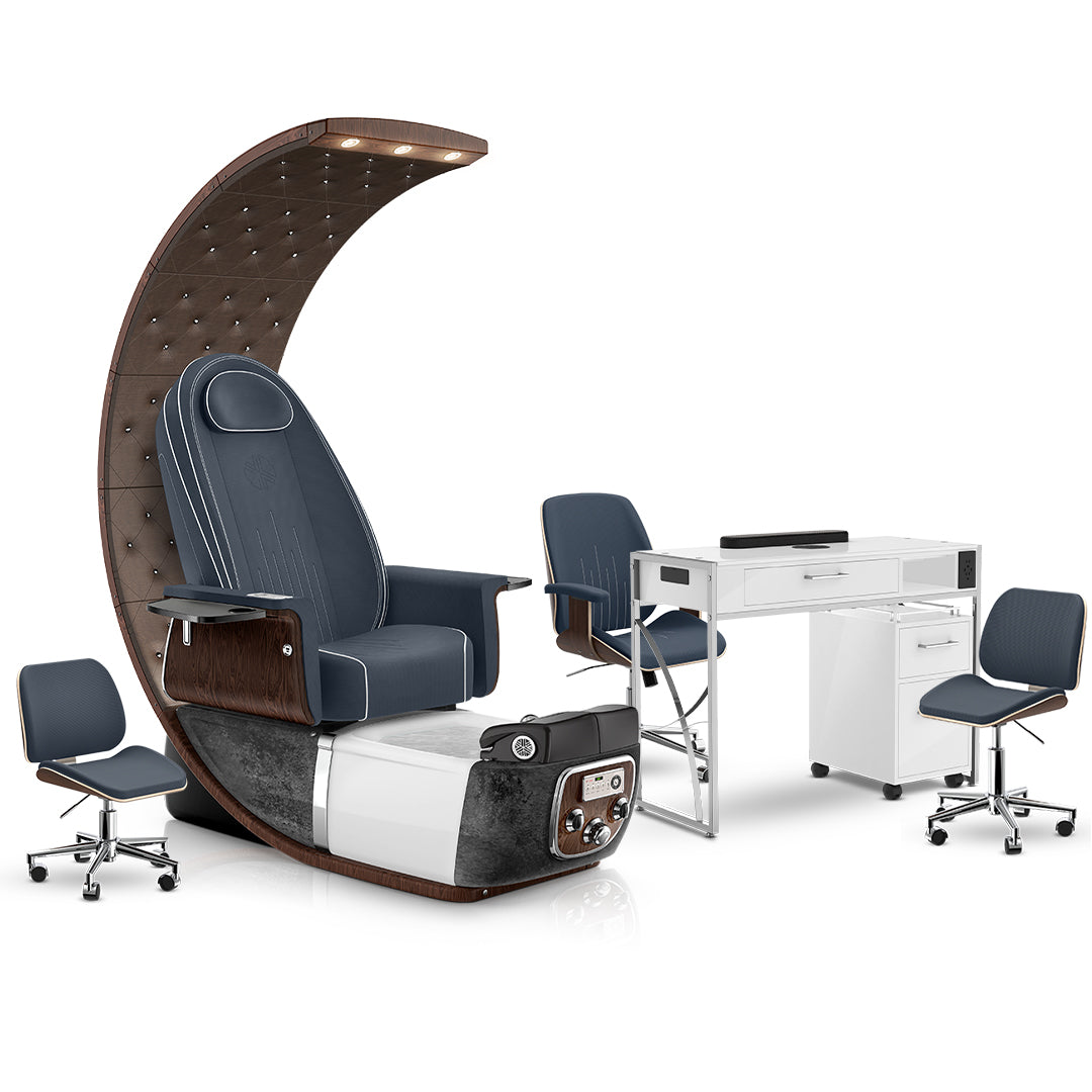 Midnight-Black Moonstone-White Lexor PRIVÉ Lounge Pedicure Chair and Matching PRIVÉ Nail Table Set