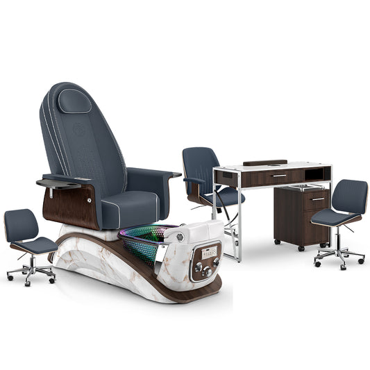 Midnight-White Moonstone-Dark Walnut Lexor Mystique Pedicure Chair and Matching Nail Table Set