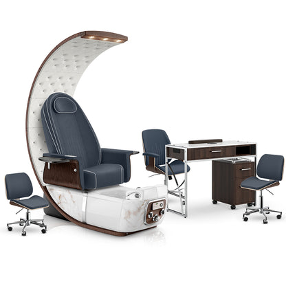 Midnight-White Moonstone-Dark Walnut Lexor PRIVÉ Lounge Pedicure Chair and Matching PRIVÉ Nail Table Set