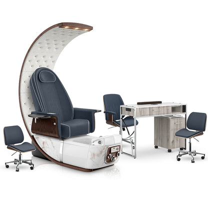 Midnight-White Moonstone-Hazel Lexor PRIVÉ Lounge Pedicure Chair and Matching PRIVÉ Nail Table Set