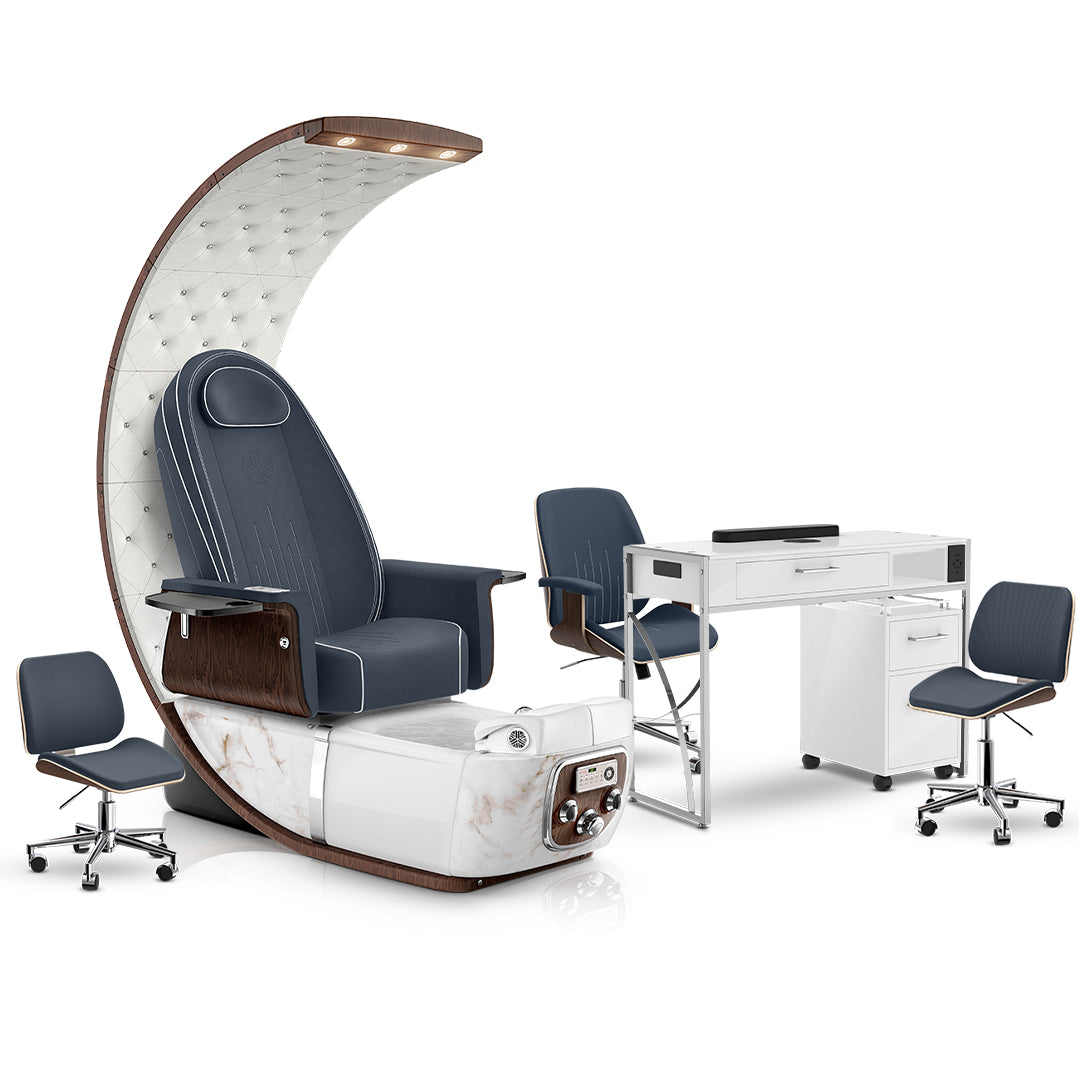 Midnight-White Moonstone-White Lexor PRIVÉ Lounge Pedicure Chair and Matching PRIVÉ Nail Table Set