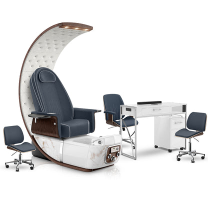 Midnight-White Moonstone-White Lexor PRIVÉ Lounge Pedicure Chair and Matching PRIVÉ Nail Table Set