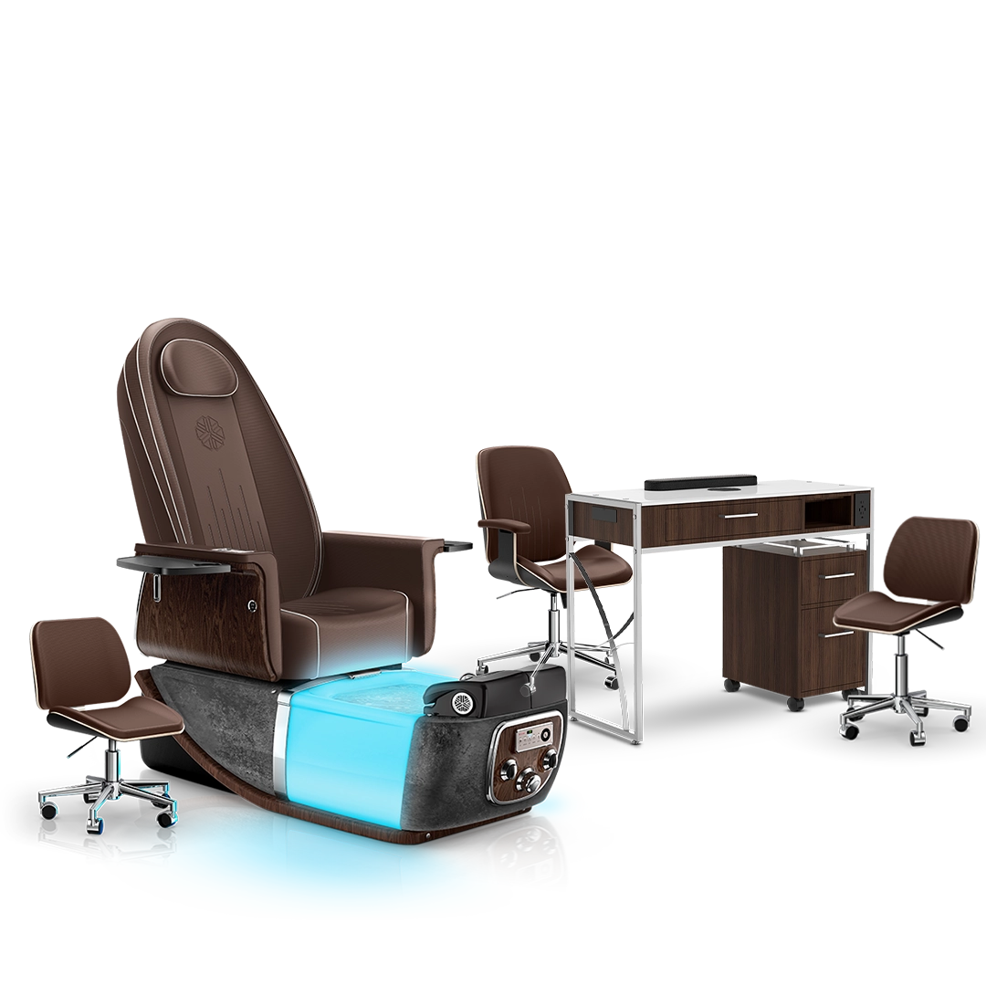 Mocha-Black Moonstone-Dark Walnut Lexor PRIVÉ ONE Pedicure Chair and Matching PRIVÉ Nail Table Set