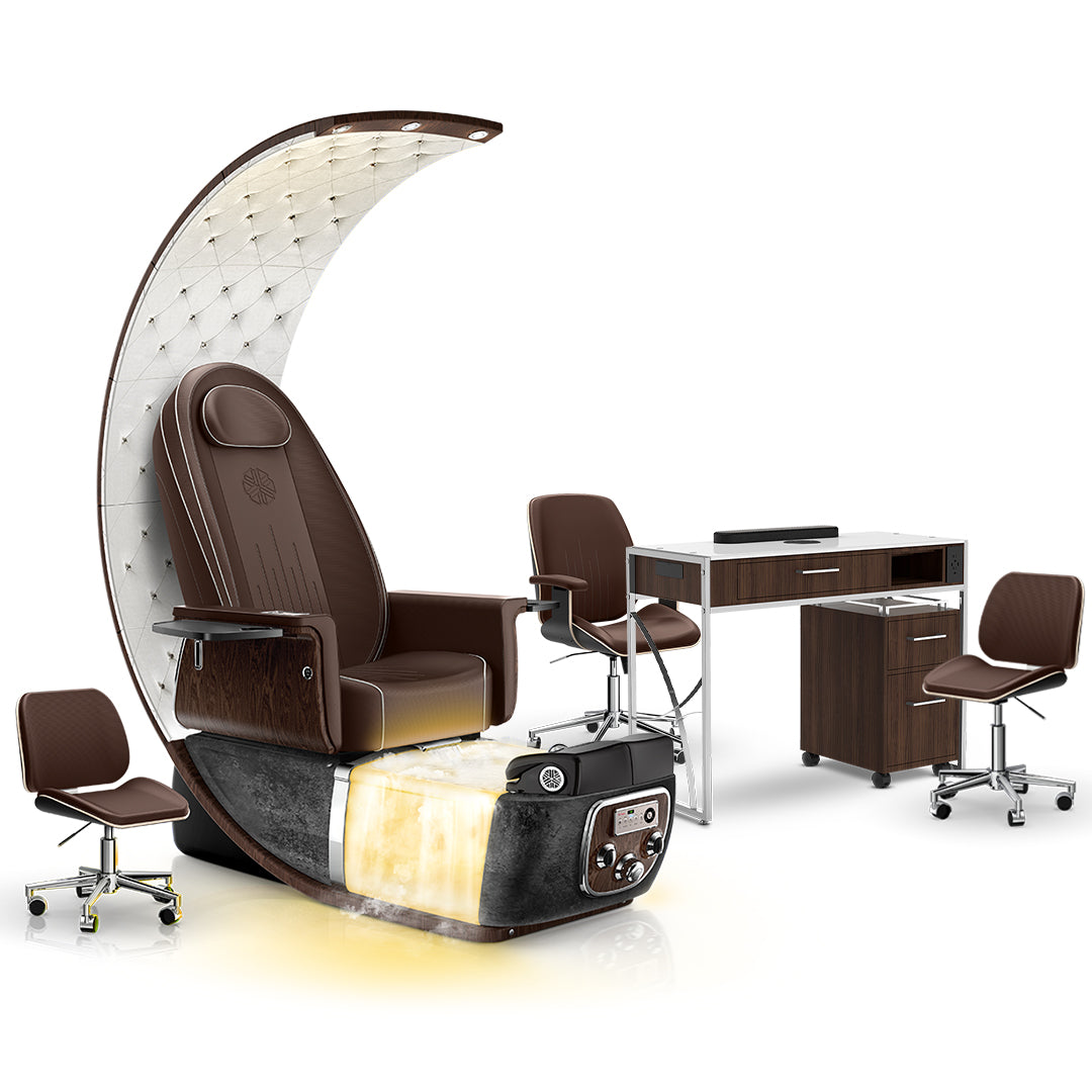 Mocha-Black Moonstone-Dark Walnut Lexor PRIVÉ Lounge Pedicure Chair  with Thera-Mist and Matching PRIVÉ Nail Table Set