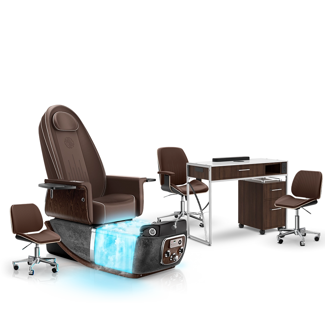 Mocha-Black Moonstone-Dark Walnut Lexor PRIVÉ ONE Pedicure Chair with Thera-Mist and Matching PRIVÉ Nail Table Set