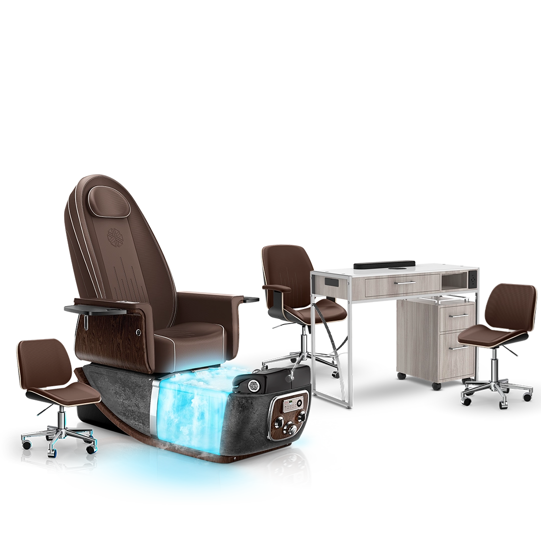 Mocha-Black Moonstone-Hazel Lexor PRIVÉ ONE Pedicure Chair with Thera-Mist and Matching PRIVÉ Nail Table Set