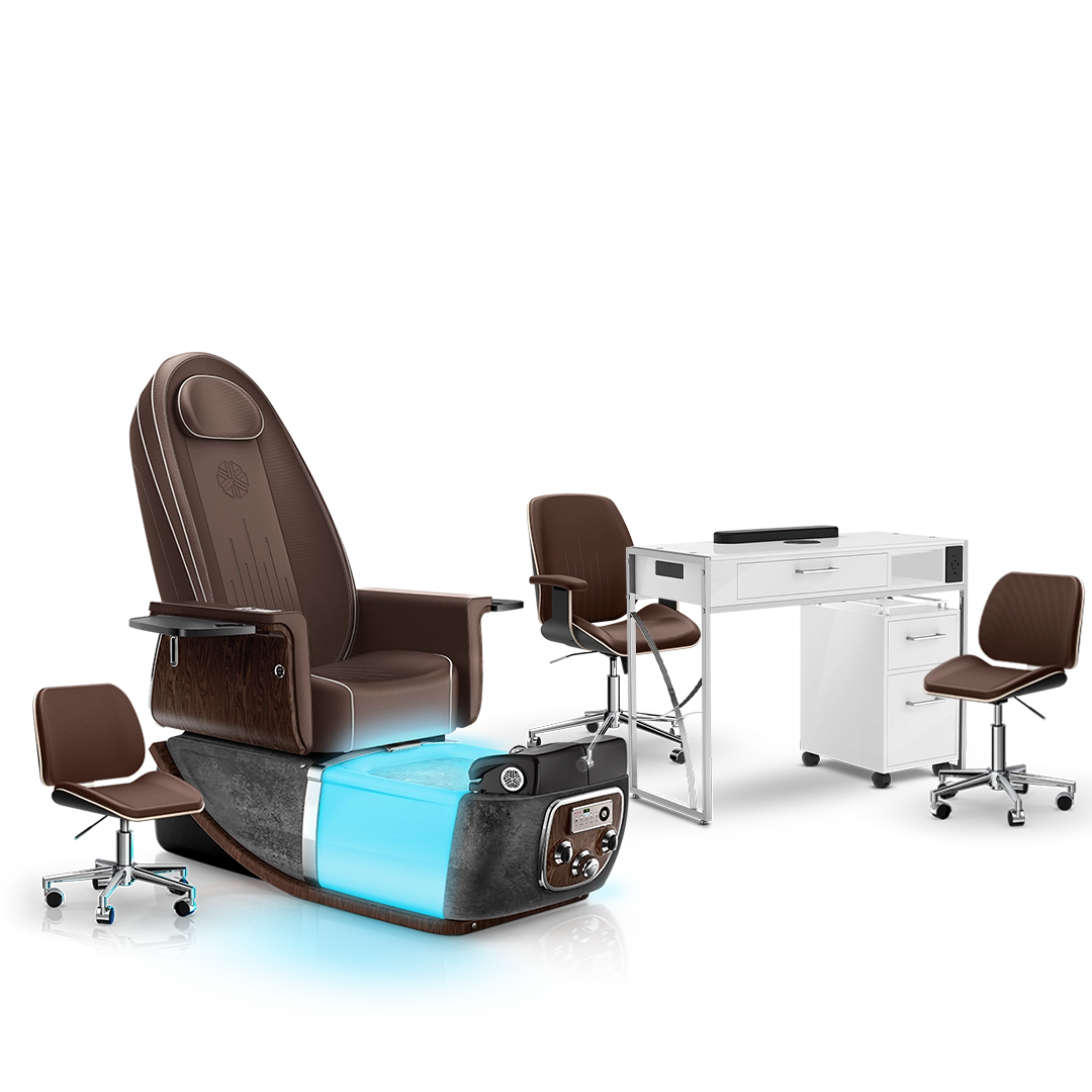 Mocha-Black Moonstone-White Lexor PRIVÉ ONE Pedicure Chair and Matching PRIVÉ Nail Table Set