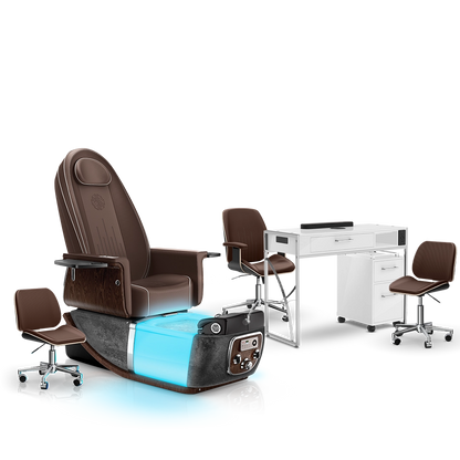 Mocha-Black Moonstone-White Lexor PRIVÉ ONE Pedicure Chair and Matching PRIVÉ Nail Table Set