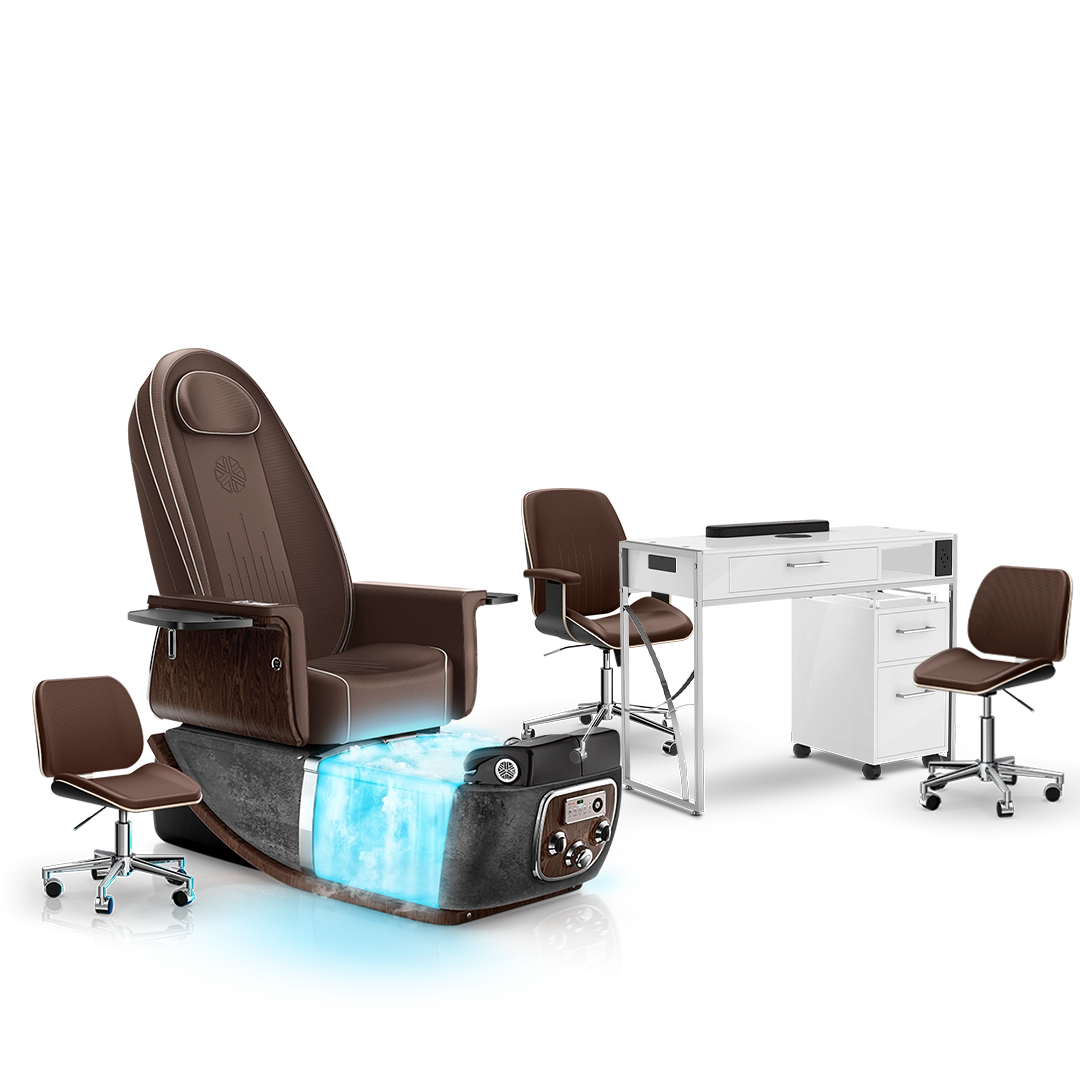 Mocha-Black Moonstone-White Lexor PRIVÉ ONE Pedicure Chair with Thera-Mist and Matching PRIVÉ Nail Table Set