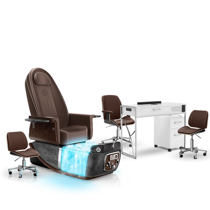 Mocha-Black Moonstone-White Lexor PRIVÉ ONE Pedicure Chair with Thera-Mist and Matching PRIVÉ Nail Table Set