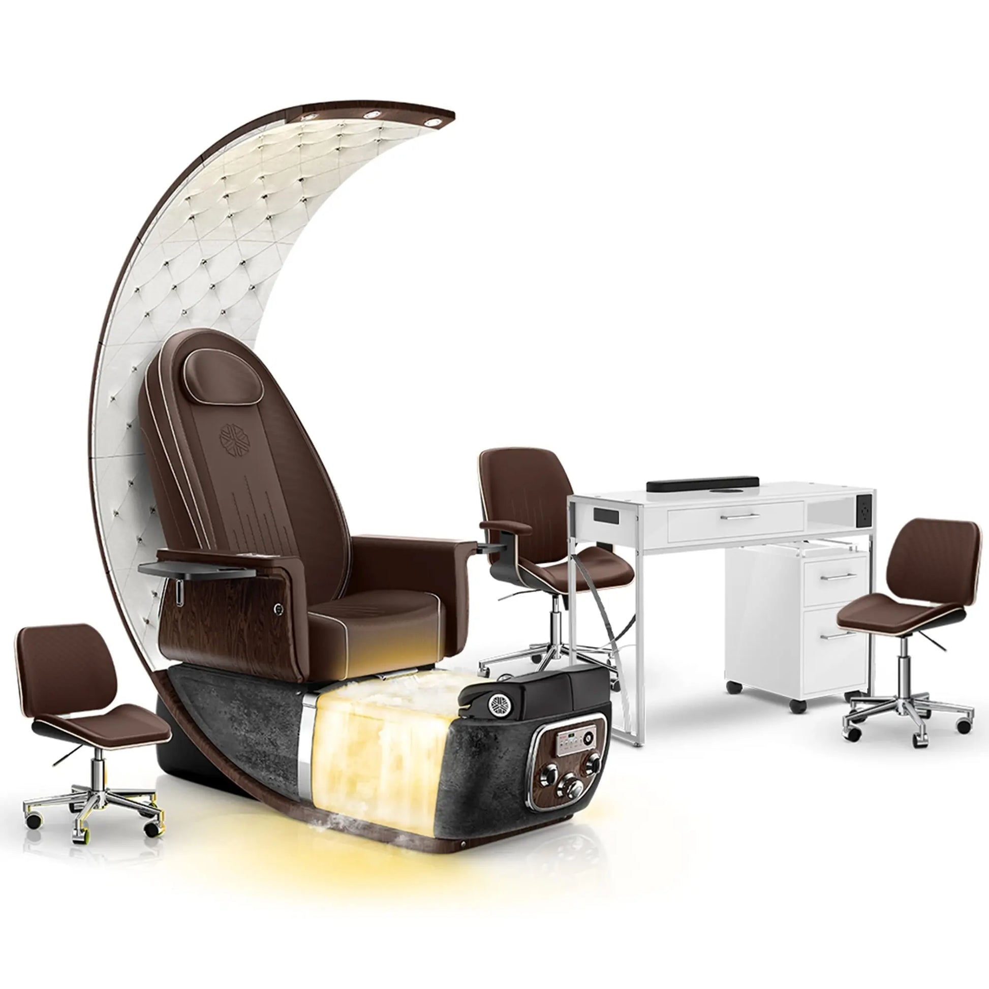 Mocha-Black Moonstone-White Lexor PRIVÉ Lounge Pedicure Chair with Thera-Mist and Matching PRIVÉ Nail Table Set