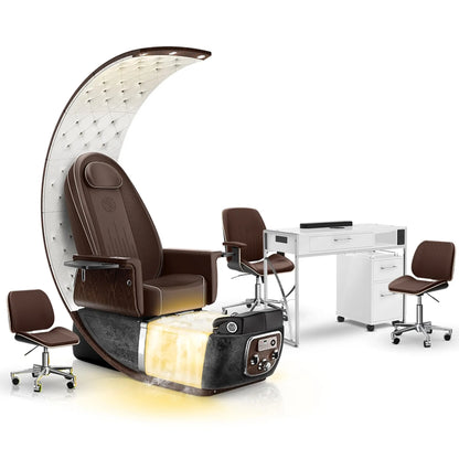 Mocha-Black Moonstone-White Lexor PRIVÉ Lounge Pedicure Chair with Thera-Mist and Matching PRIVÉ Nail Table Set