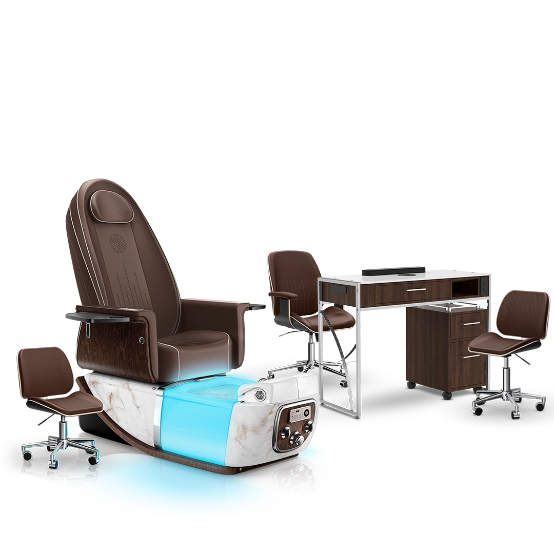 Mocha-White Moonstone-Dark Walnut Lexor PRIVÉ ONE Pedicure Chair and Matching PRIVÉ Nail Table Set