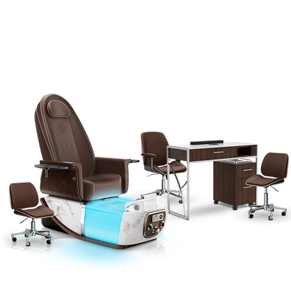 Mocha-White Moonstone-Dark Walnut Lexor PRIVÉ ONE Pedicure Chair and Matching PRIVÉ Nail Table Set