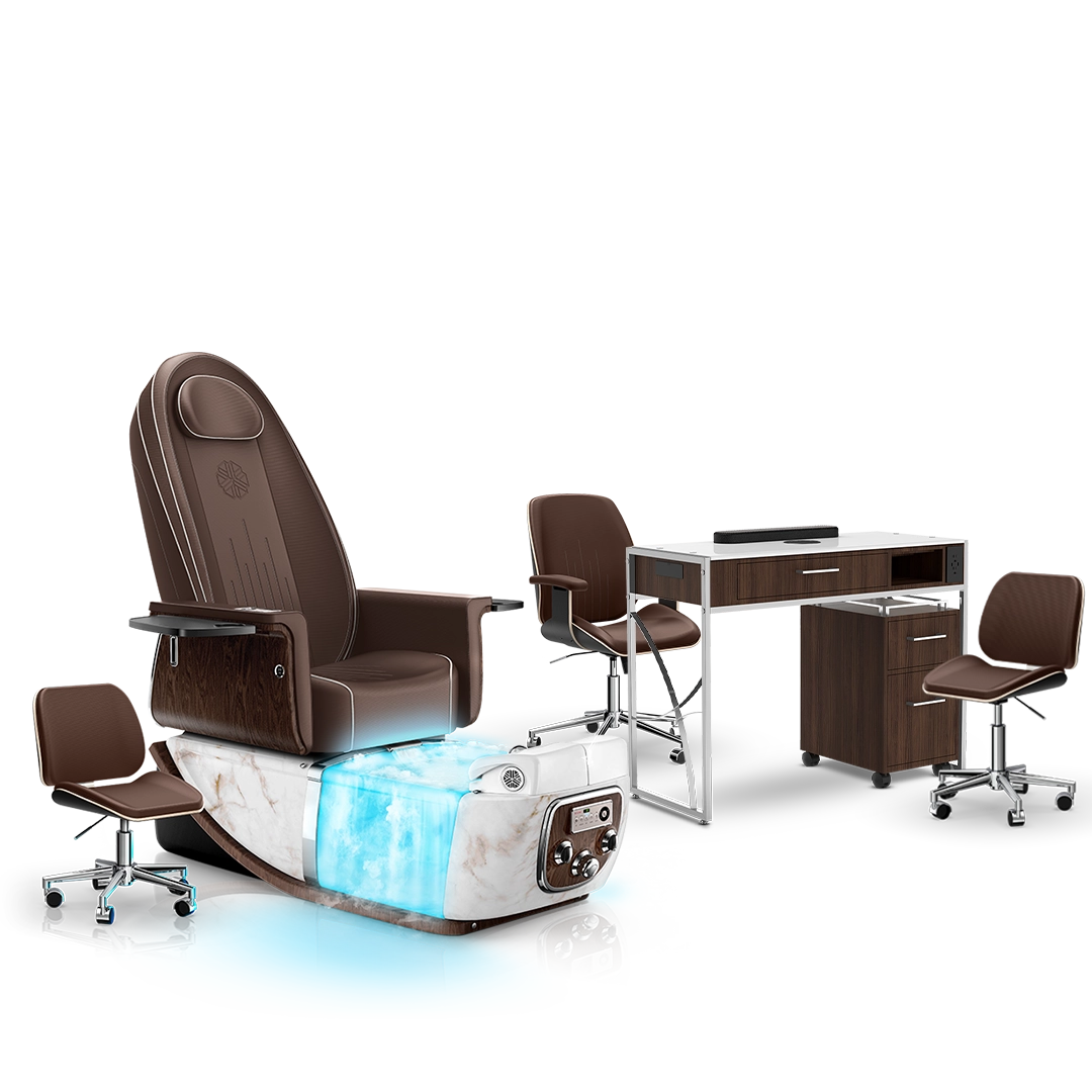 Mocha-White Moonstone-Dark Walnut Lexor PRIVÉ ONE Pedicure Chair with Thera-Mist and Matching PRIVÉ Nail Table Set