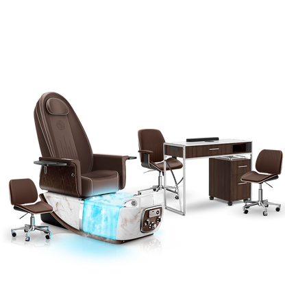 Mocha-White Moonstone-Dark Walnut Lexor PRIVÉ ONE Pedicure Chair with Thera-Mist and Matching PRIVÉ Nail Table Set
