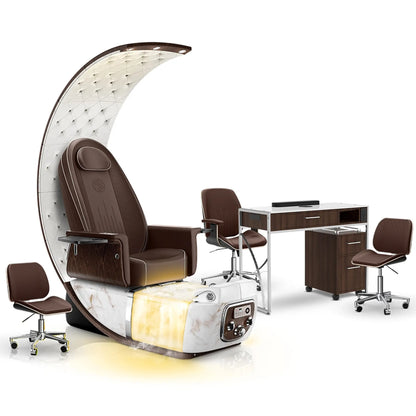 Mocha-White Moonstone-Dark Walnut Lexor PRIVÉ Lounge Pedicure Chair with Thera-Mist and Matching PRIVÉ Nail Table Set