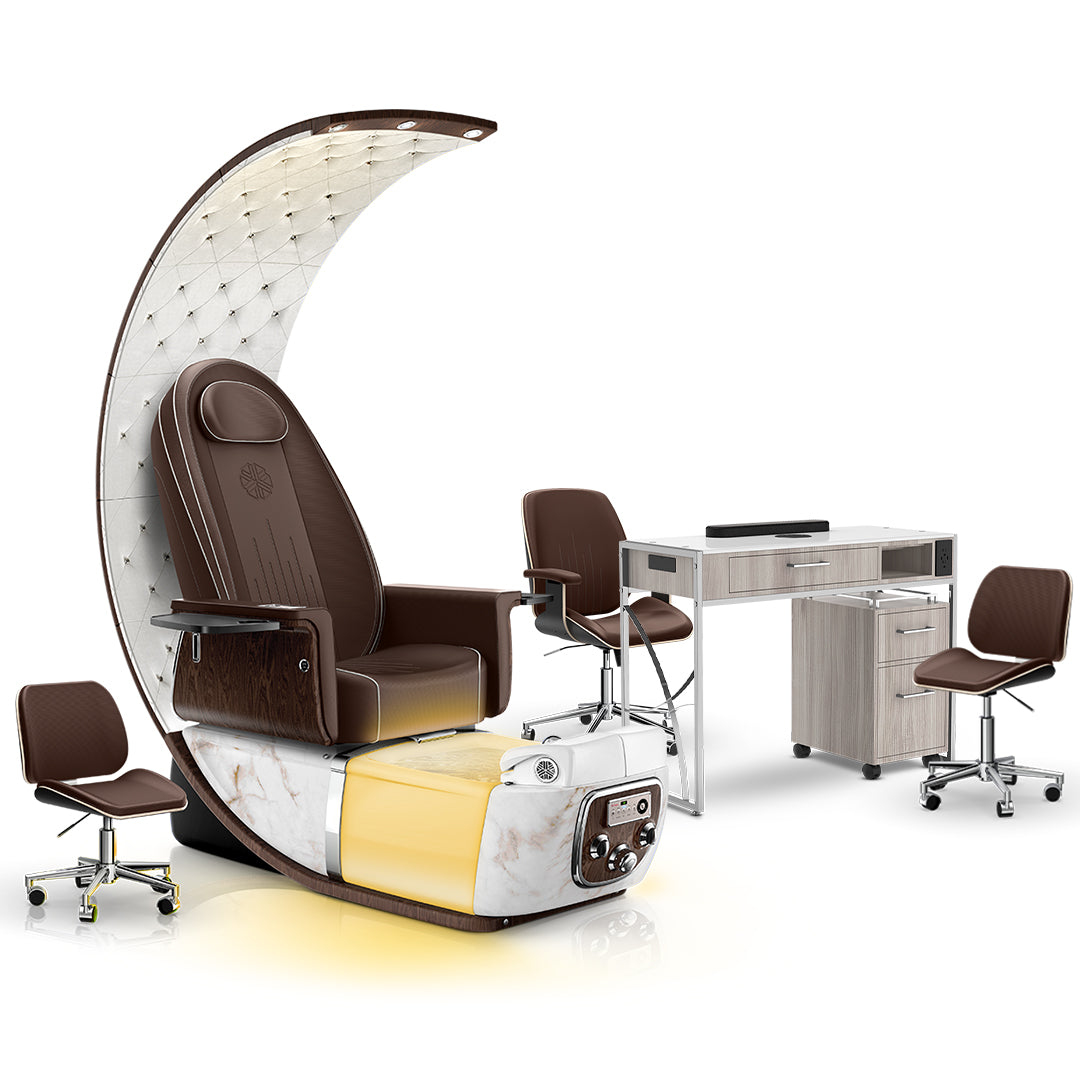 Mocha-White Moonstone-Hazel Lexor PRIVÉ Lounge Pedicure Chair and Matching PRIVÉ Nail Table Set