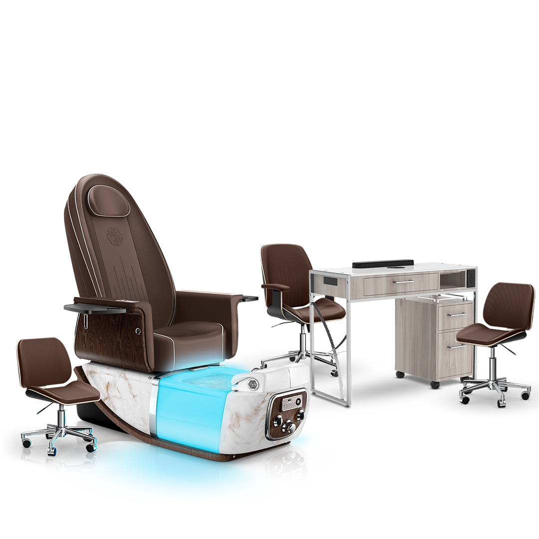 Mocha-White Moonstone-Hazel Lexor PRIVÉ ONE Pedicure Chair and Matching PRIVÉ Nail Table Set