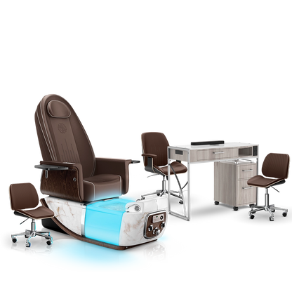 Mocha-White Moonstone-Hazel Lexor PRIVÉ ONE Pedicure Chair and Matching PRIVÉ Nail Table Set