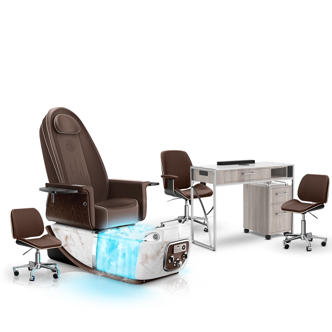 Mocha-White Moonstone-Hazel Lexor PRIVÉ ONE Pedicure Chair with Thera-Mist and Matching PRIVÉ Nail Table Set