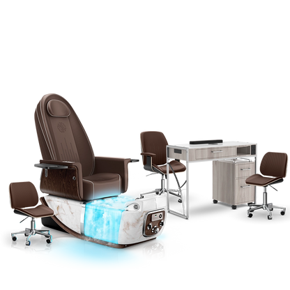 Mocha-White Moonstone-Hazel Lexor PRIVÉ ONE Pedicure Chair with Thera-Mist and Matching PRIVÉ Nail Table Set