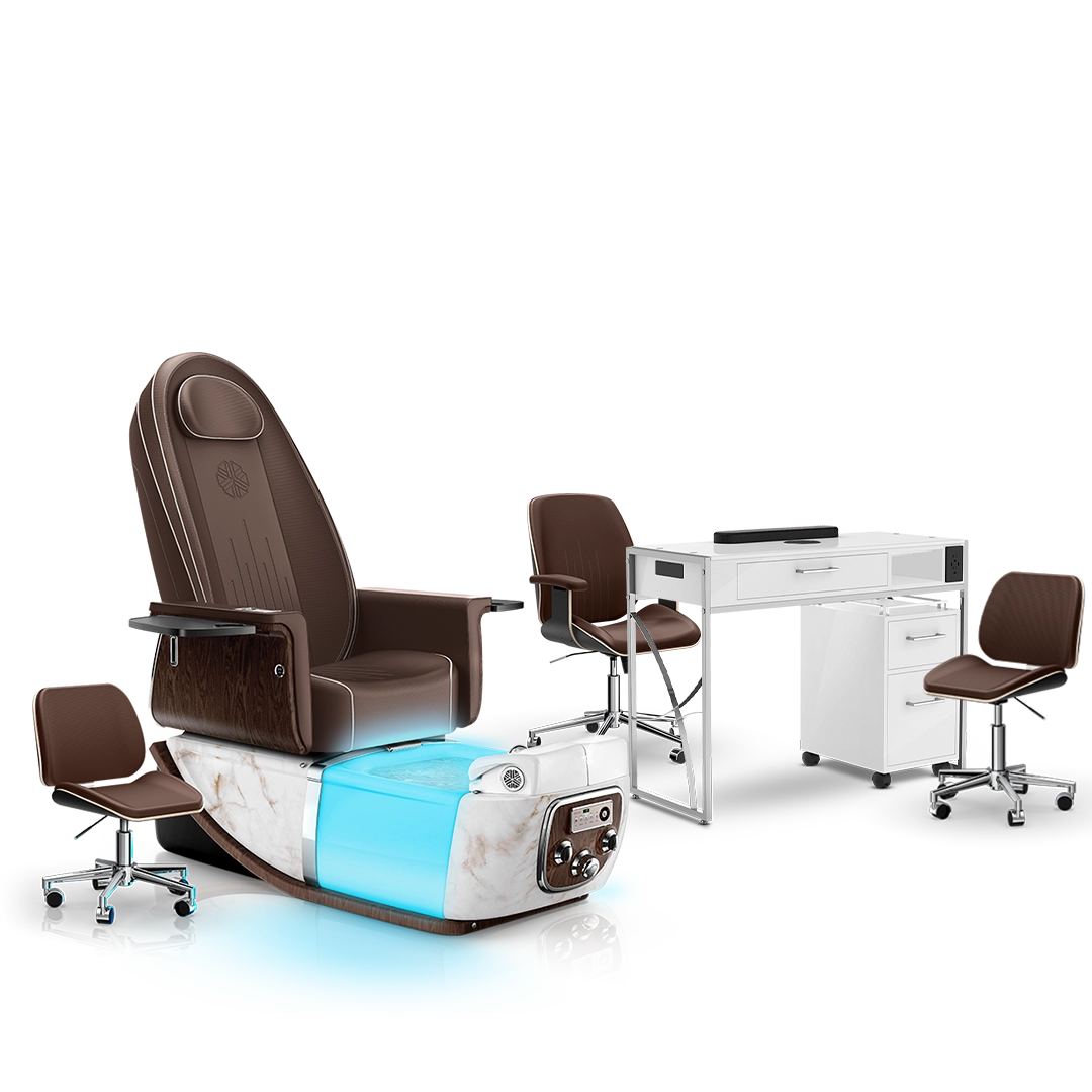 Mocha-White Moonstone-White Lexor PRIVÉ ONE Pedicure Chair and Matching PRIVÉ Nail Table Set