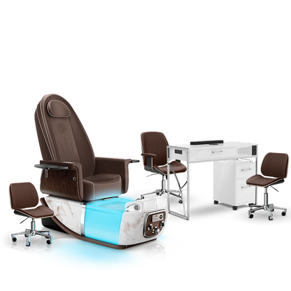 Mocha-White Moonstone-White Lexor PRIVÉ ONE Pedicure Chair and Matching PRIVÉ Nail Table Set