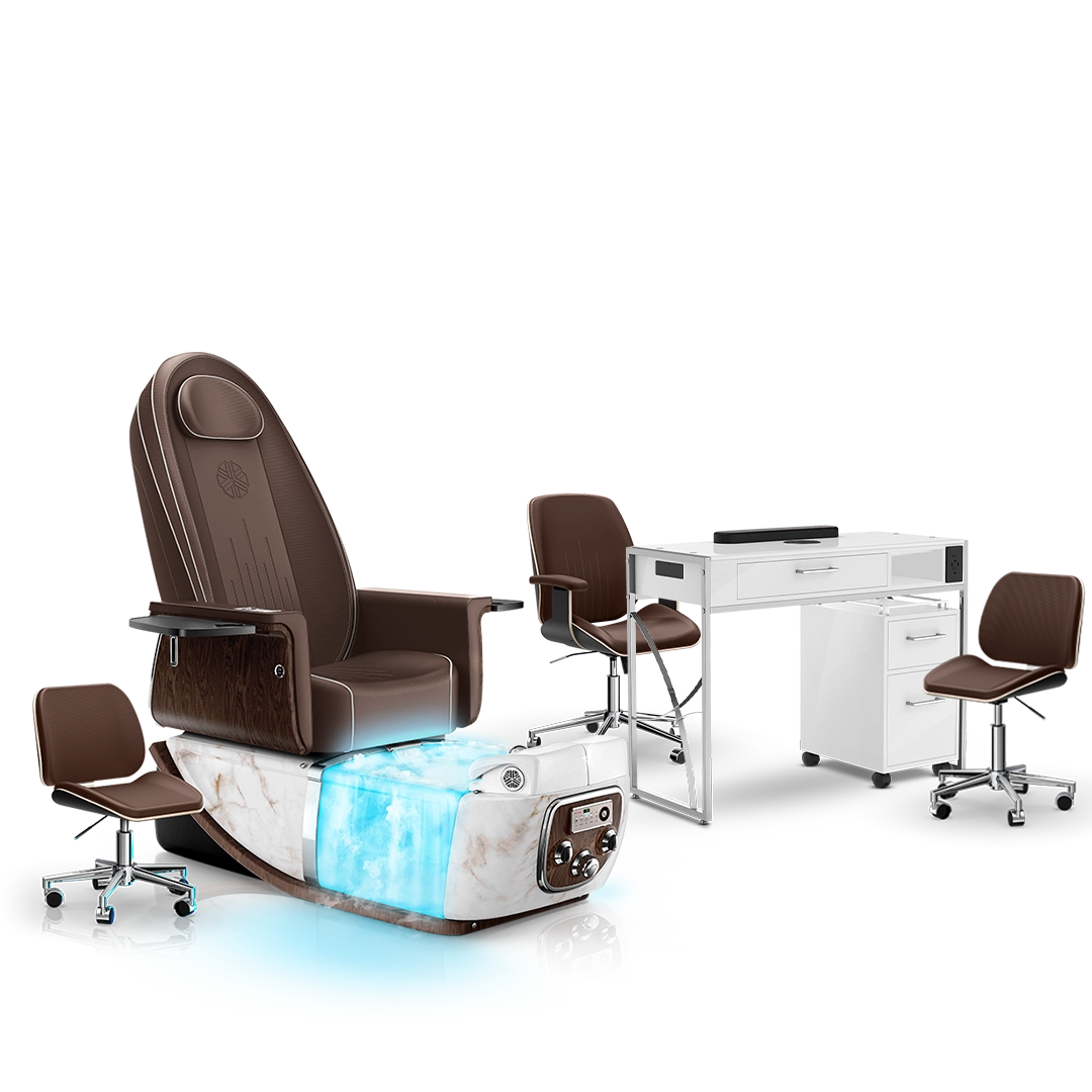 Mocha-White Moonstone-White Lexor PRIVÉ ONE Pedicure Chair with Thera-Mist and Matching PRIVÉ Nail Table Set