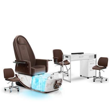 Mocha-White Moonstone-White Lexor PRIVÉ ONE Pedicure Chair with Thera-Mist and Matching PRIVÉ Nail Table Set