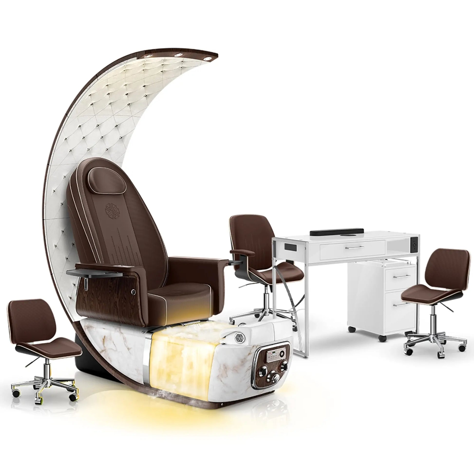 Mocha-White Moonstone-White Lexor PRIVÉ Lounge Pedicure Chair with Thera-Mist and Matching PRIVÉ Nail Table Set