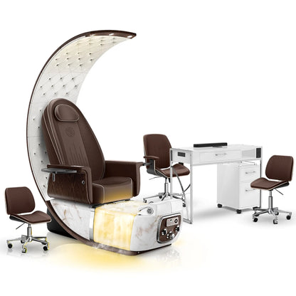 Mocha-White Moonstone-White Lexor PRIVÉ Lounge Pedicure Chair with Thera-Mist and Matching PRIVÉ Nail Table Set
