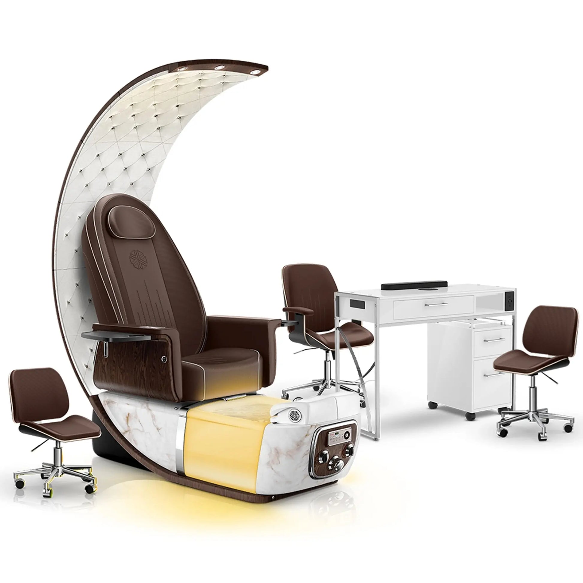 Mocha-White Moonstone-White Lexor PRIVÉ Lounge Pedicure Chair and Matching PRIVÉ Nail Table Set