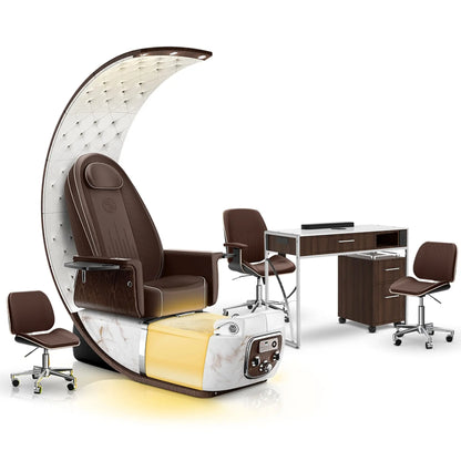 Mocha-White Moonstone-Dark Walnut Lexor PRIVÉ Lounge Pedicure Chair and Matching PRIVÉ Nail Table Set
